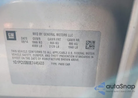 2014 Chevrolet Cruze 1Lt Auto z USA, uszkodzony, nr VIN 1G1PC5SB0E7446433